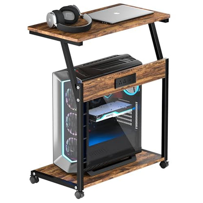 FANXIYQ Computer Tower Stand with Charging Station, Adjustable Height PC Tower Stand for Floor & Carpet, Rolling CPU Holder Cart with Top Shelf, Under Desk PC Cart, Wood Grain - color: Wood Grain