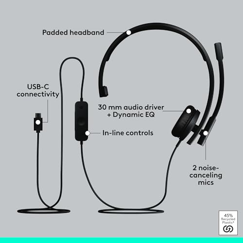 Logitech H570e USB Headset with Microphone, PC and Mac - Black | PC and Mac compatible, wired USB-C, inline controls, certified for Microsoft Teams - size: Teams, style: Mono