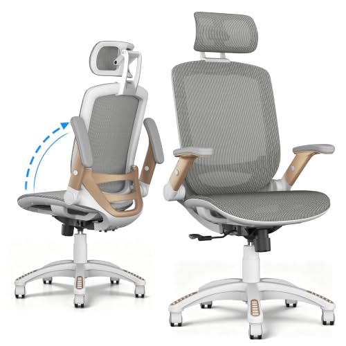 GABRYLLY Ergonomic Office Chair, High Back Home Desk Chair with 2D Flip-Up Arms, 3D Headrest, 90-120° Tilt and Wide Cushion, Big and Tall Mesh Chairs for Man Woman, White Computer Task Chair - color: White Frame White Mesh