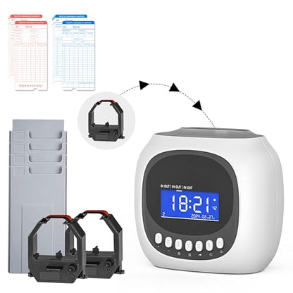 Time Clock with Passcode, Auto-Align Time Card Machine, 6 Punches per Day | Time Clock Punch Machine with 100 Time Cards, 2 Ink Ribbons(1 Inside) and 1 Rack - color: White