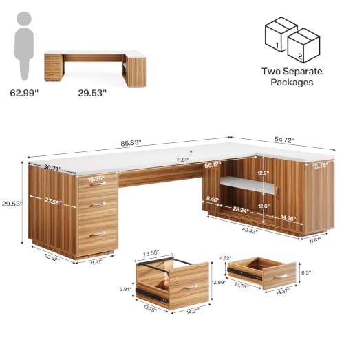 Tribesigns 85.8-Inch L-Shaped Executive Desk, White & Brown - color: White & Brown