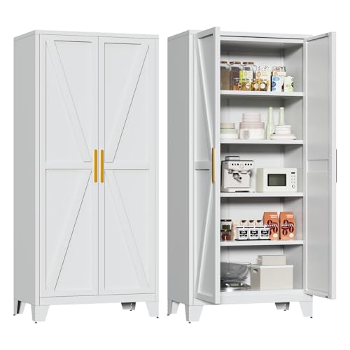 Bevivog 71" Kitchen Pantry Cabinet, Metal Storage Cabinet with 2 Doors and 4 Adjustable Shelves, Farmhouse Tall Food Cabinet Pantry Shelves Storage for Kitchen, Home Office, Living Room, Laundry - color: White, size: 71"H-2 Doors