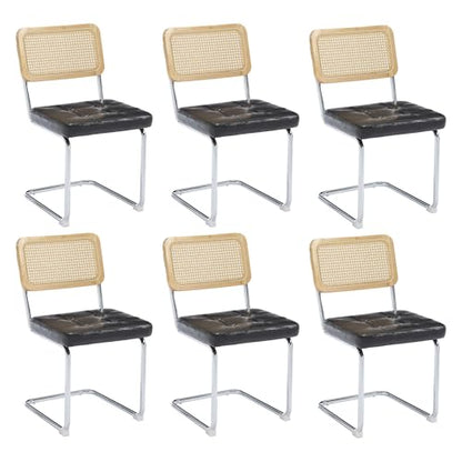 KCC Modern Dining Chairs Set of 6, Faux Leather Rattan Chair,Black | Mid Century Kitchen Side Chairs with Metal Legs and Upholstered Seat for Dining Room,Living Room,Bedroom,Silver Legs - color: Black+silver Legs, size: Set of 6