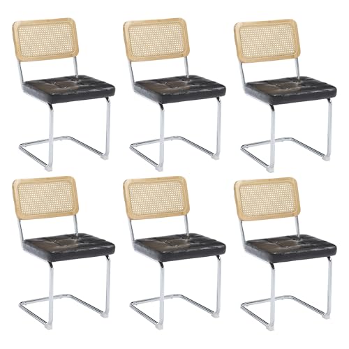 KCC Modern Dining Chairs Set of 6, Faux Leather Rattan Chair,Black | Mid Century Kitchen Side Chairs with Metal Legs and Upholstered Seat for Dining Room,Living Room,Bedroom,Silver Legs - color: Black+silver Legs, size: Set of 6