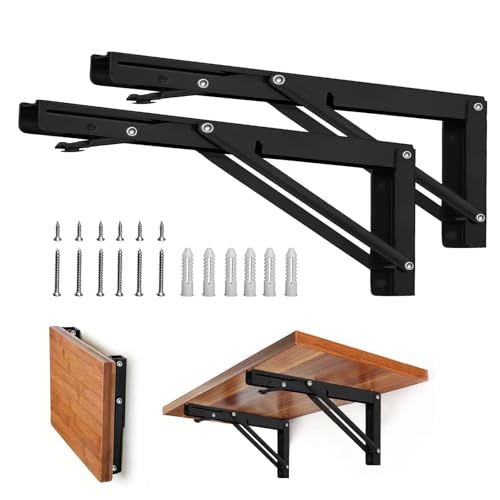 Storystore Folding Shelf Brackets - 16 Inch Heavy Duty Metal Collapsible Shelf Bracket for Bench Table, Shelf Hinge Wall Mounted Space Saving DIY Bracket, Max Load: 150 lb 2 PCS (Black) - size: 16 Inch