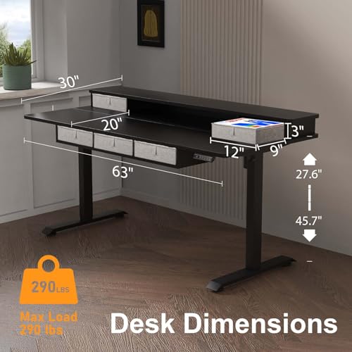 XINYAO Standing Desk with 5 Drawers, 63 x 30 Inch Electric Height Adjustable Stand Up Desk, Ergonomic Table with Storage Larger Desktop, Computer Workstations