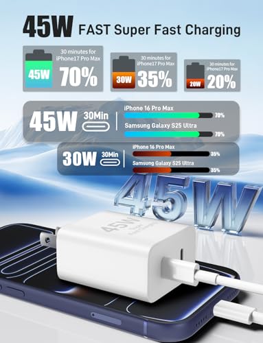 45W iPhone 17 16 15 Charger Fast Charging, 2 Pack Dual Port USB C Charger - color: White, size: 2pack-(3+6+6+10)ft