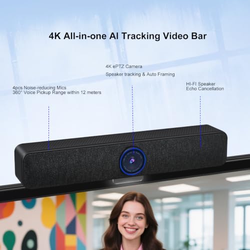 4K All-in-one AI Tracking Video Conference System, AI Speaker Tracking, 4pcs Noise-Cancelling Mics, Speaker, Auto Framing, 4K ePTZ Camera, Suitable for Computer Meeting, Video Calling
