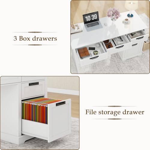 Halitaa 55" Farmhouse Home Office Desk with File Drawer, Executive Computer Desk with 4 Storage Drawers, Rustic Computer Desk for Working, Studying, Writing（White