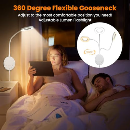 Wall Mounted Reading Light,Bedside Headboard Lights with 5 Color Temperature &5 Dimming,360°Flexible Gooseneck,USB Output, Night Light&Timer Function- Perfect for Reading (White) - color: White