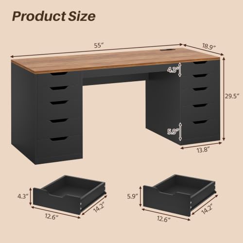 YOMILUVE 55 Inch Computer Desk with 10 Drawers and Outlets for Home Office - color: Brown and Black, size: 55inch-10drawers