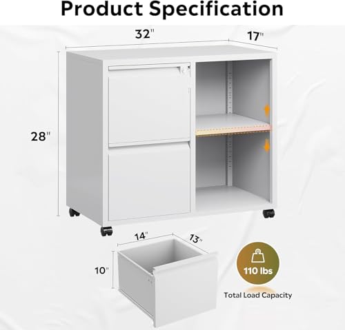 DEVAISE Lateral File Cabinet with 2 Drawers and Adjustable Shelf - color: White