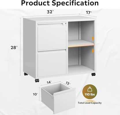 DEVAISE Lateral File Cabinet with 2 Drawers and Adjustable Shelf - color: White