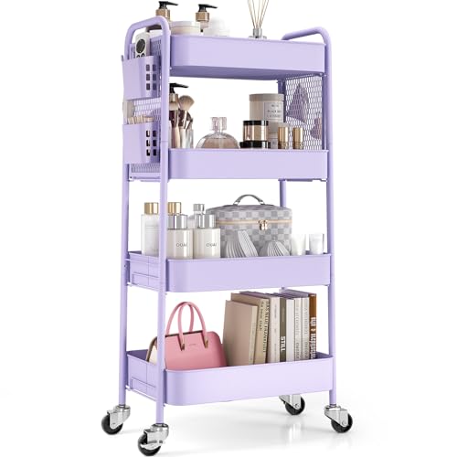 TOOLF 4 Tier Rolling Cart, Metal Utility Storage Cart with Pegboard, Purple | 2 Bins & 4 Hooks, Screwless Assembly, Lockable Wheels, Trolley Organizer for Bathroom, Kitchen, Office, Dorm, Craft Room - color: Purple, size: 4-Tier