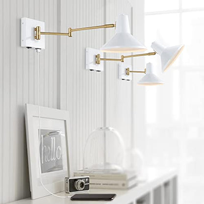 JONATHAN Y Hygge 1-Light Modern Swing Arm USB Sconce 8", White/Brass Gold | Metal Construction, Plug-In Midcentury Bedside Wall Lamp, Cone Shade, Adjustable Head, LED Bulb Included - color: White/Brass Gold
