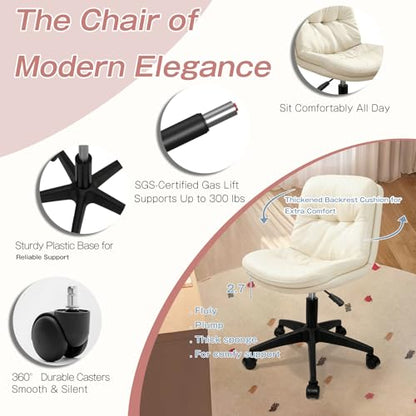 Armless Office Chair, Ergonomic Small Desk Chair with Padded Cushion & Lumbar Support, Height Adjustable 360° Swivel Rolling Task Chair with Wheels for Home Office, Vanity, Beige