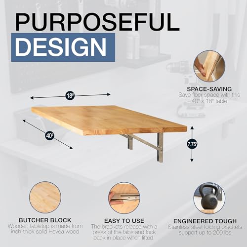 StoreYourBoard Wall Mounted Folding Workbench, 40x18 in, Holds 200 lbs - color: 40"x18" - Natural Wood | Stainless Steel Brackets