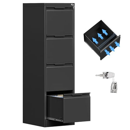 4 Drawer Metal Vertical File Cabinet with Lock for Home Office | 17.8 Inch Depth,50.3 Inch High,Fits A4/Letter & Legal Size Files,Adjustable Hanging Bar,Easy to Assemble,Black - color: Black, size: 17.8"D x 15"W x 50.3"H（4 Drawers）