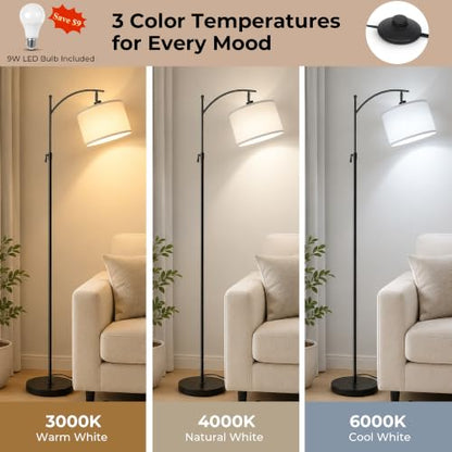 JUNNAI Black Arc Floor Lamp 55-63" Adjustable, 3 Color 9W LED Bulb Included - color: Black+White Shade-Arc