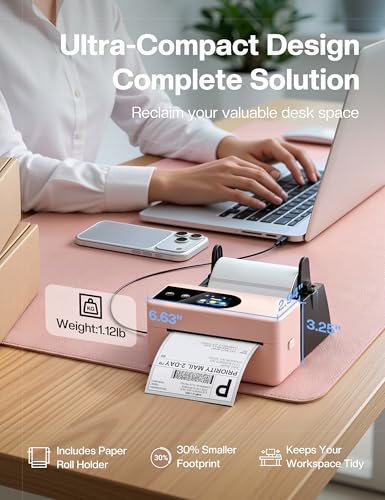 Phomemo PM64D Shipping Label Printer 4x6 Bluetooth with Touch Screen | 150mm/s printing, one-touch calibration, Bluetooth connection, compatible with Amazon, USPS, UPS, iOS, Android, Windows & Mac - color: Pink