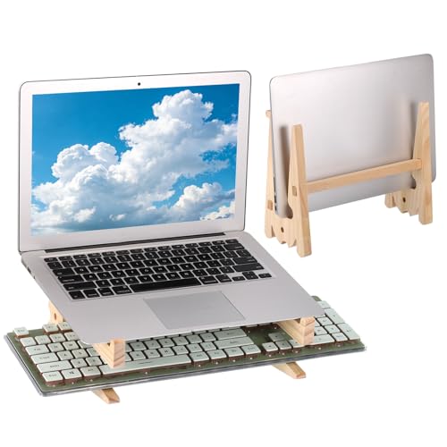 PATIKIL Wooden Laptop Stand, 1 Pack Dual-Use Laptop Stand Vertical Sturdy Pine Wood Anti-Slip Ventilated Space-Saving Notebook Riser for 10-15 Inch Desk Tablets, Koi-Shaped - size: 10-15 Inch