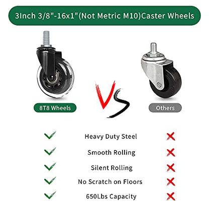 8T8 3" Office Chair Caster Wheels Heavy Duty, Set of 5, 3/8"-16x1 (Not Metric M10), Threaded Stem Casters with Set Screw, Replacement PU Rubber Wheels, Safe for Hardwood Tile Floors - style: Nut Inserts