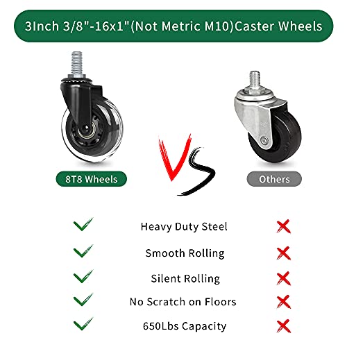 8T8 3" Office Chair Caster Wheels Heavy Duty, Set of 5, 3/8"-16x1 (Not Metric M10), Threaded Stem Casters with Set Screw, Replacement PU Rubber Wheels, Safe for Hardwood Tile Floors - style: Nut Inserts