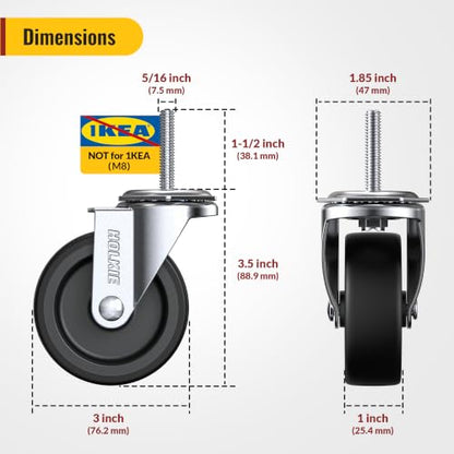 HOLKIE Caster Wheels 3 inch with No Brake Stem Casters, 5/16" -18 x 1-1/2" (Stem Diameter 5/16", Stem Length 1-1/2") Threaded Swivel Casters Set of 4 Heavy Duty Castors Black - color: Black-4Pack, size: 5/16" -18 x 1-1/2"