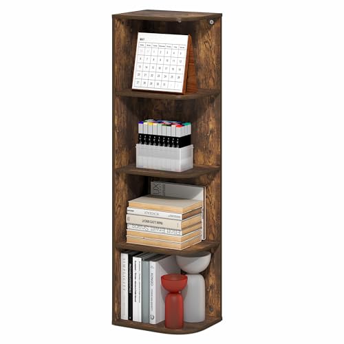 Furinno PASIR Book Shelf, 4-Tier Corner Bookshelf with Open Shelf, Standing Bookcase, 9.3 x 12 x 41.4, for Organization and Storage, for Living Room, Bedroom, Home Office, Amber Pine - color: Amber Pine, size: 4-Tier Corner