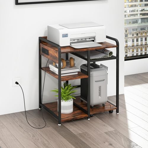 3-Tier Printer Stand with Storage Shelf and Power Outlet for Home Office - color: Brown