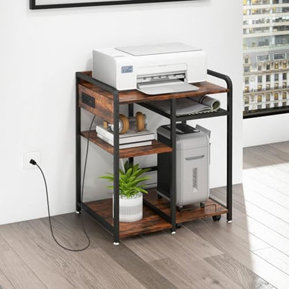 3-Tier Printer Stand with Storage Shelf and Power Outlet for Home Office - color: Brown
