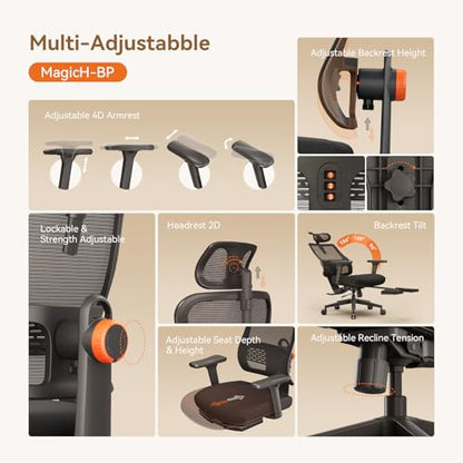 Office Chair Ergonomic with Footrest, Auto-Following Lumbar Support, High Back Desk Chair with 4D Armrest,136° Tilt Lock, Adjustable Seat Depth & Height - color: Black, size: 2D Headrest+Laptop Tray