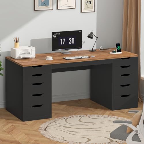 YOMILUVE 55 Inch Computer Desk with 10 Drawers and Outlets for Home Office - color: Brown and Black, size: 55inch-10drawers