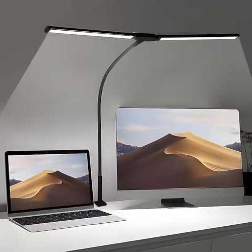 33" Ultra Wide LED Desk Lamp with Clamp,Double Head Adjustable Architect Light,Eye-Caring Monitor Lamp for Home Office,Flexible Gooseneck Task Lamp,10 Brightness Levels & 3 Color Temperature Modes