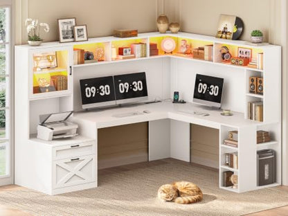 SEDETA 68" Farmhouse L Shaped Office Desk with Hutch, Drawers, Storage - color: White, size: 68 inches