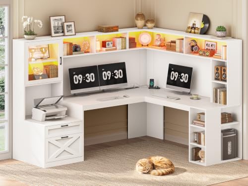SEDETA 68" Farmhouse L Shaped Office Desk with Hutch, Drawers, Storage - color: White, size: 68 inches