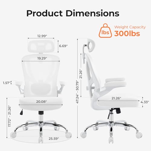 Office Chair Ergonomic Office Chair, Mesh Desk Chair, White, 1 PK | Lumbar Support, Head Support, Rocking Function, Flip-up Armrests, Mesh High Back, Suitable for Home Office - color: White