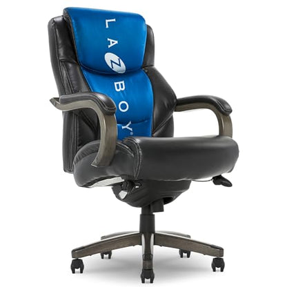 La-Z-Boy Delano Big and Tall Executive Office Chair - Ergonomic Lumbar Support Memory Foam - Bonded Leather Desk Chair for Home Office - Weathered Grey Wood Arms - Black - color: Black With Weathered Gray Wood