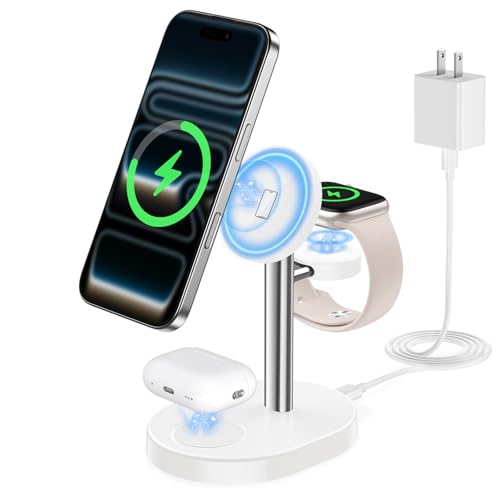 Hevanto 2026 3 in 1 Wireless Charging Station for Apple MagSafe Charger, 15W Fast Magnetic Mag-Safe Charger Stand for iPhone 17 16 15 14 13 12 Apple Watch AirPods Series, SilverWhite - color: SilverWhite, size: 15W