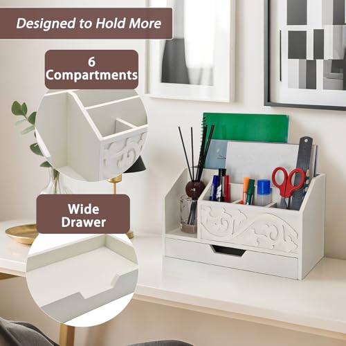 White Wooden Mail Organizer with Drawer, Three Tiered Desk Accessories for Office Organization and Storage, Stylish Countertop Document Storage, Home/Office/Classroom Supplies (White01) - style: White01