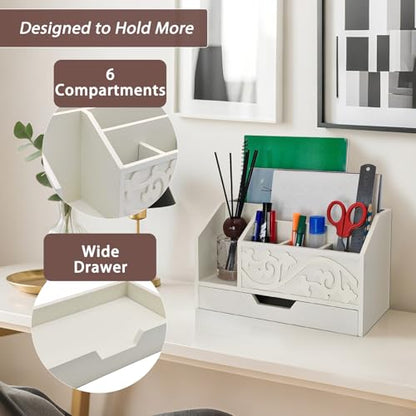 White Wooden Mail Organizer with Drawer, Three Tiered Desk Accessories for Office Organization and Storage, Stylish Countertop Document Storage, Home/Office/Classroom Supplies (White01) - style: White01