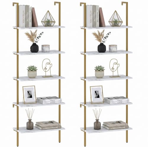 aboxoo Ladder Shelf 2PCS White Marble Bookshelf 5-Tier Wall-Mounted Wood Rack Open Industrial Modern Plant Flower Stand Utility Organizer Bookcase Metal Frame Furniture Office Kitchen Bedroom - color: White Marble 5-tier, size: 2PCS