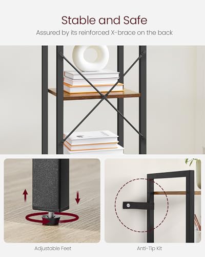 VASAGLE 5-Tier Bookshelf, Bookcase Book Shelf with Steel Frame, - color: Rustic Brown + Ink Black, size: 5 Tiers (11.8"D x 15.7"W x 60.2"H)