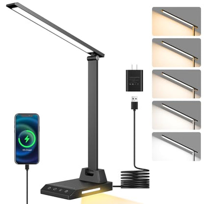 ShineTech LED Desk Lamp for Home Office, Foldable Reading Lamp with Adapter | Foldable, 25 Lighting Modes and Dimmable, Touch Control, Eye-Caring LED Light for Bedroom Nighstand with Small Night Light - color: Black