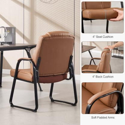 Okeysen Big & Tall Waiting Room Chairs Set of 2, PU Leather Reception Guest Chair with Padded Arm Rest, Office Desk Chair with Sled Base No Wheels, for Office Meeting, Conference Room, Lobby, 500lb - color: Brown, size: Set of 2