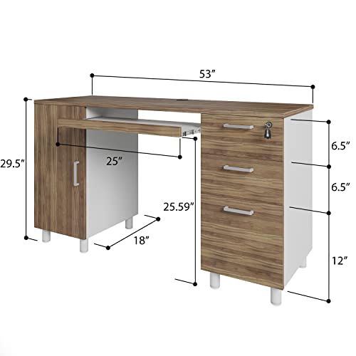 Modern Design Venice Computer Desk with Lockable Drawers, 53 Inch Home Office Desk with Storage Cabinet, Keyboard Tray & Cable Management, Modern Study Writing Desk for Small Spaces, Walnut and White - color: Walnut White
