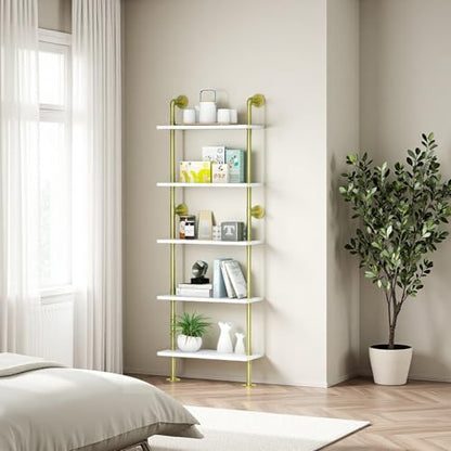 5 Shelf Modern Gold Bookshelf, Wall Mount White Bookcase, Ladder Shelf with Metal Frame, Display Shelf Shelves for Living Room/Home/Office - color: Gold, size: 5 tier