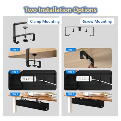 36" Under Desk Cable Management Tray - No Drill Oxford Cloth Cord Organizer with Clamp & Screw Mount - Large Capacity Fabric Cable Holder for Home Office, Gaming Desk & Standing Desk (Black)