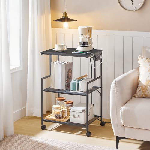 MAHANCRIS Mobile Printer Stand, 3-Tier Industrial Printer Cart with Power Outlets and 2 USB Ports, Rolling Printer Table on Wheels for Home Offices Kitchen Organization Rack, Black PTHB78E01 - color: Black