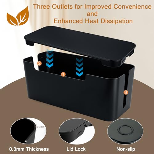 Eichzer Cable Management Box with Lid, Three Entry/Exit Slots, Black | Large Cord Organizer, Plastic Power Strip Cover, Hide Surge Protector on Desk & Floor, for TV Computer Home Router Office